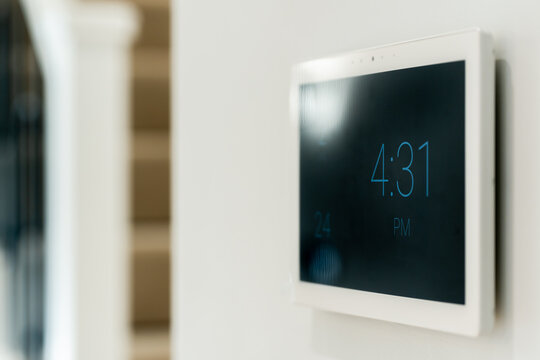 Modern home interior with digital wall clock display