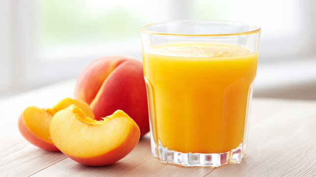 Peach juice presenting a refreshing beverage, with ripe whole and sliced peaches emphasizing natural ingredients and healthy lifestyle