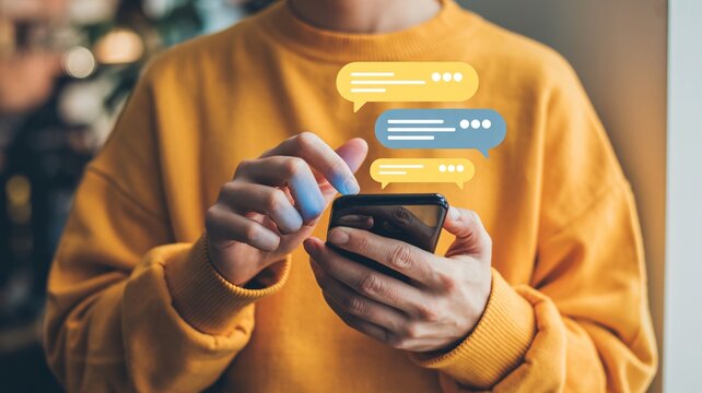 Texting on phone with speech bubbles for social media communication