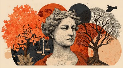 A classical statue bust with a laurel wreath and scales of justice against autumn tree silhouettes in engraved illustration style for legal and cultural themes