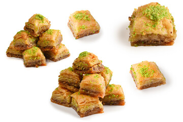 Pistachio baklava on a white background. Dessert.