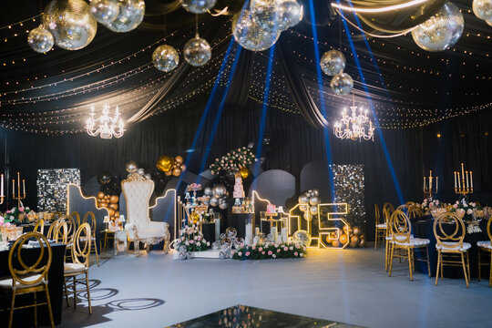 Stylish large hall party setup for quinceañera celebration