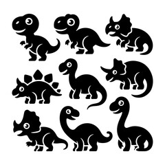 Collection of playful dinosaur silhouettes enjoying a fun day in a whimsical prehistoric landscape