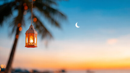 Traditional ornate lantern hanging from palm tree under crescent moon at clear twilight sky