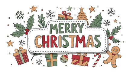 Fototapeta premium Hand Drawn Merry Christmas Greeting Card with Festive Elements.
