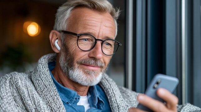 Mature man enjoying music with earbuds and smartphone
