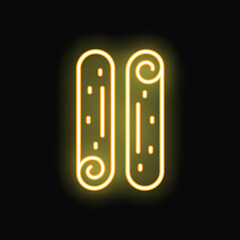 Bright yellow neon sign depicting two cinnamon sticks glowing on a black background