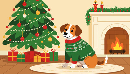 Cute dog wearing a sweater sitting by the Christmas tree and fireplace  