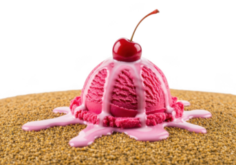 Melting pink ice cream sundae with cherry topping isolated on transparent background