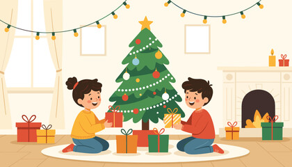 Children unwrapping Christmas gifts by decorated tree indoors  isolated on a transparent background