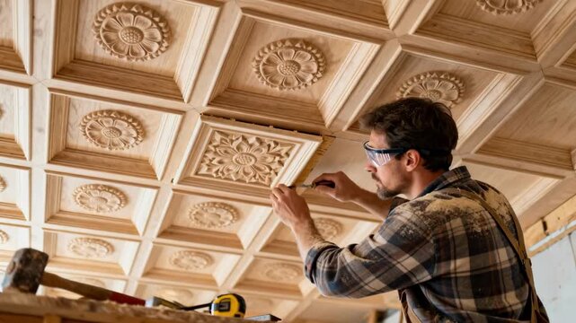 Medium shot of a craftsman installing an intricate coffered ceiling showcasing detailed woodwork and elegant design.