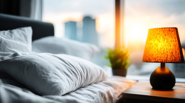 Cozy bedroom interior with white bed and glowing lamp, reflecting serene sunrise light over city skyline - Powered by Adobe