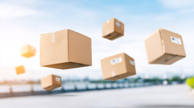 Cardboard parcels floating and falling through the air, symbolizing fast delivery, shipping, and global logistics concept - Powered by Adobe