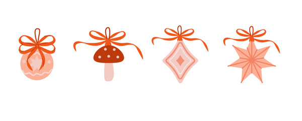Set of retro-style Christmas tree decorations with bows in shades of pink