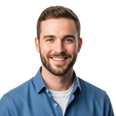 Obraz premium Smiling young man with beard and blue shirt headshot portrait isolated on transparent background