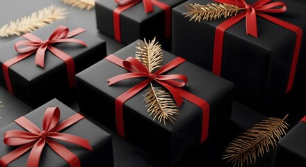 Elegant black gift boxes with red ribbons and golden sprigs create a festive and luxurious holiday atmosphere perfect for upscale promotions
