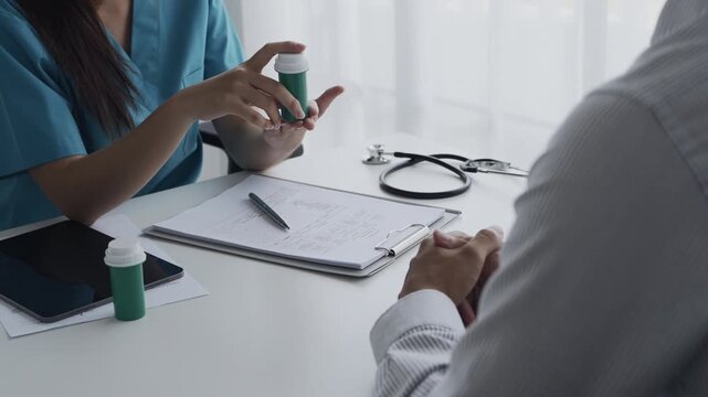 Cardiologist doctor showing anatomical of human heart model to patient, heart disease