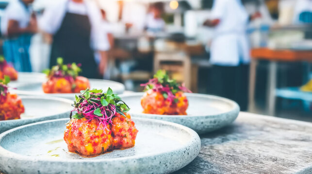 Gourmet seafood tartare appetizer dishes neatly arranged on a table with chefs preparing food in the blurred background - Powered by Adobe