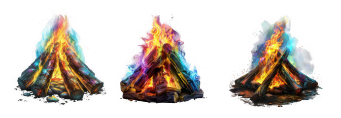 Three abstract colorful fiery abstract shapes with glowing embers and smoke isolated on transparent background