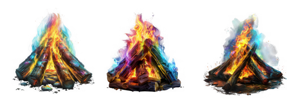 Three abstract colorful fiery abstract shapes with glowing embers and smoke isolated on transparent background