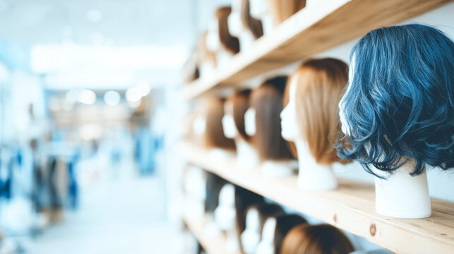 Wigs on mannequin heads displaying various hair colors and styles in a beauty salon or specialized store