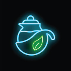 Blue neon teapot with green tea leaf glowing on black background, perfect for representing healthy lifestyle