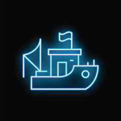 Glowing neon sign of a fishing boat on a black background