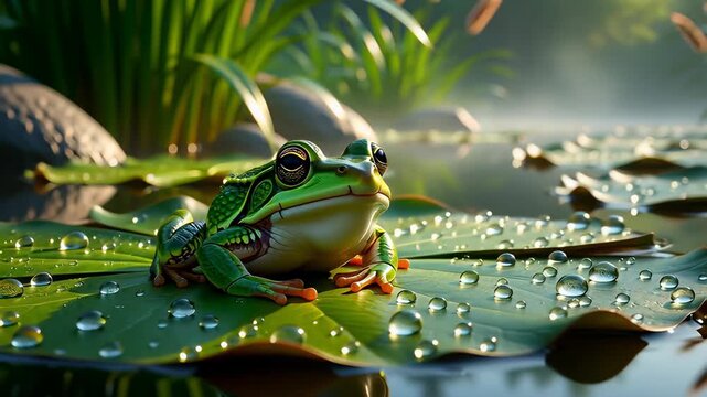 Vibrant green frog resting on a wet lily pad in a misty pond, rendered in a cinematic 3D illustration style for nature concepts.
