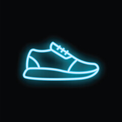 Blue neon sign showing a sneaker shoe glowing on a black background