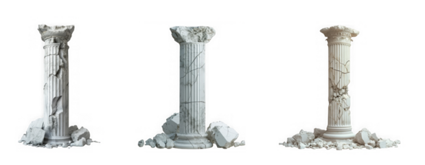 Three ancient weathered marble columns with detailed carvings isolated on transparent background