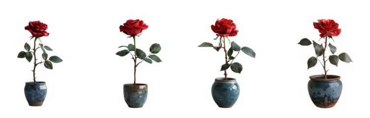 Four red roses in vintage vases showing different stages of wilting isolated on transparent background