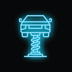 Neon blue car service glowing icon, illustrating a car lifted on a hydraulic lift on a black background