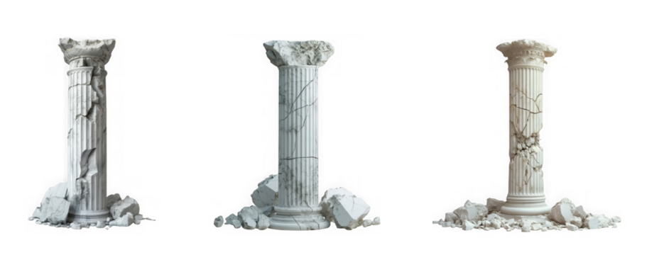 Three ancient weathered marble columns with detailed carvings isolated on transparent background