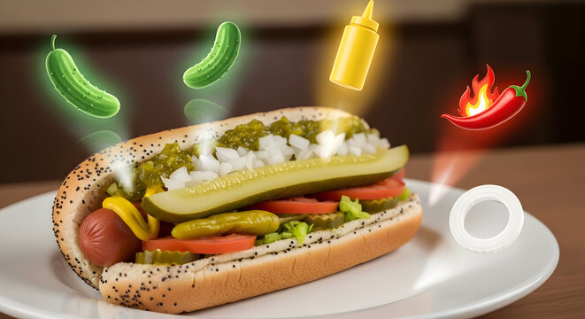 A delicious gourmet hot dog piled high with fresh toppings and vibrant condiments presented on a white plate with a blurred background evoking a sense of culinary delight and summer grilling