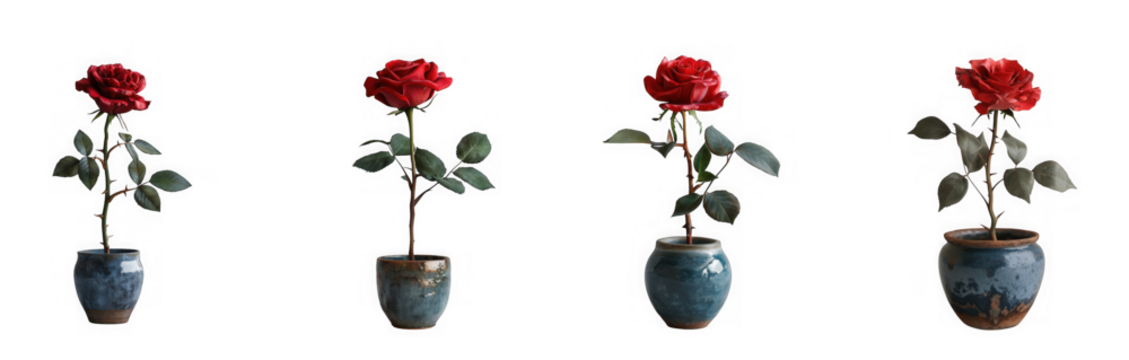 Four red roses in vintage vases showing different stages of wilting isolated on transparent background