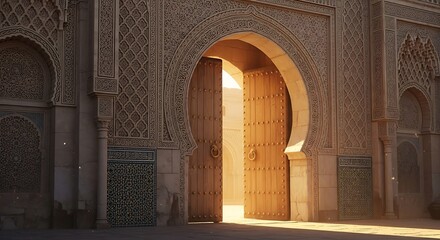 Ancient stone arch doorway entrance of a medieval Spanish mosque and Moroccan religious building
