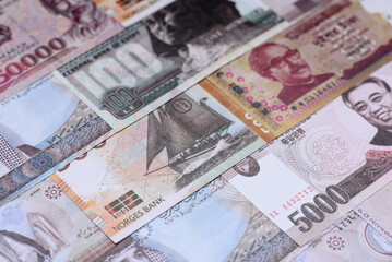 Money background, currency exchange, paper banknotes from different countries. Money cash currency