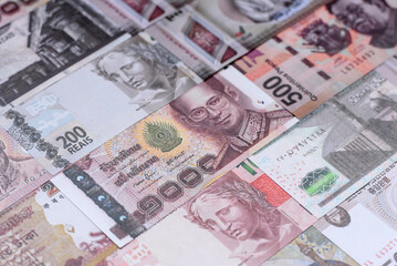 Money background, currency exchange, paper banknotes from different countries. Money cash currency