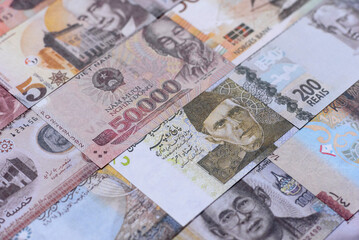 Money background, currency exchange, paper banknotes from different countries. Money cash currency