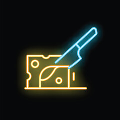 Neon sign illuminating a knife cutting into a wedge of cheese on a black background