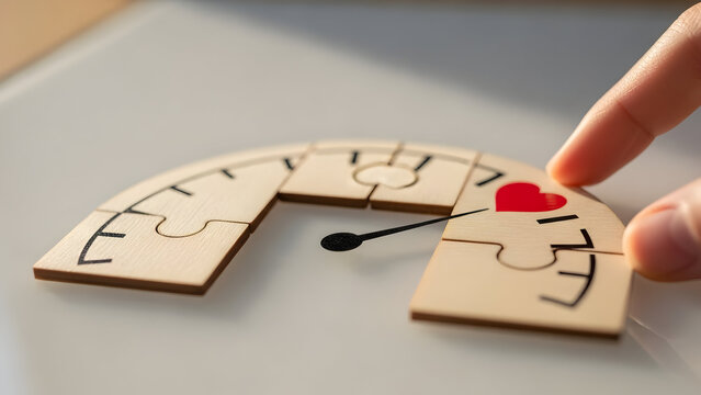 Heart-Driven Timing: Hand Placing Heart on Curved Wooden Block

