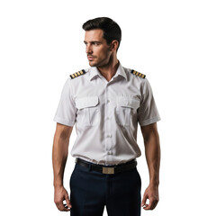 Fototapeta premium Professional male pilot wearing a white uniform shirt with epaulets and dark trousers isolated on transparent background