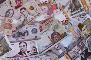 Money background, currency exchange, paper banknotes from different countries. Money cash currency