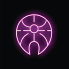 Bright pink neon sign of a fish glowing on a black background