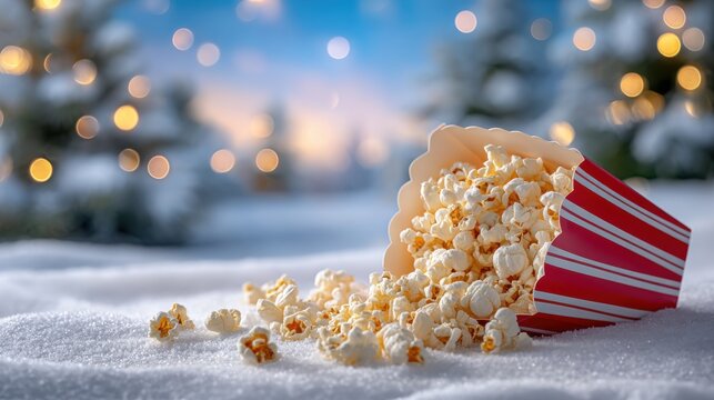 Christmas popcorn spilling from a striped box onto snowy ground, perfect for holiday advertising, festive promotions, winter food campaigns and seasonal branding