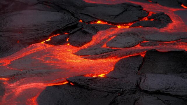A river of glowing red molten lava flows over dark, solidified volcanic rock.
