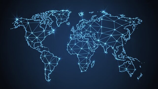 Global network communication map with glowing connections and data flow