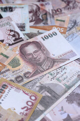 Money background, currency exchange, paper banknotes from different countries. Money cash currency