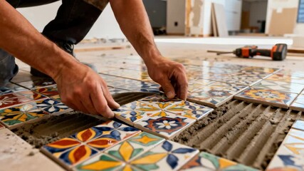 Craftsman carefully aligns patterned ceramic tiles on floor ensuring precise spacing and vibrant mosaic design in modern home renovation.
