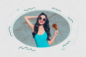 Poster image collage of person hold fork chicken leg on blue background